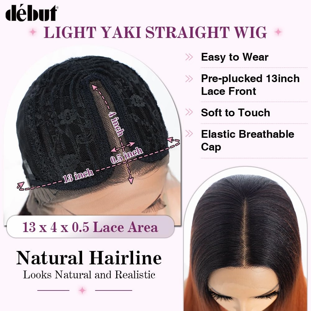 DÉBUT Light Yaki Straight Lace Front Wigs 36 Inches Super Long Wig 13x4x0.5 Middle Part Natural Hairline with Baby Hair Ombre Ginger Brown Synthetic Wig for Women