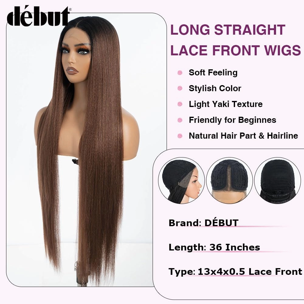 DÉBUT Light Yaki Super Long Straight Hair Lace Front Ombre Brown Wigs 36 Inches Middle Part 13x4x0.5 Natural Hairline with Baby Hair Synthetic Wig Dark Roots with Brown for Women