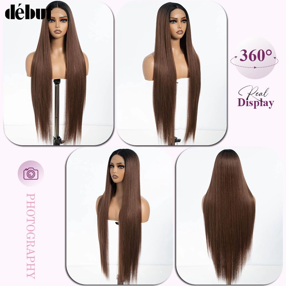 DÉBUT Light Yaki Super Long Straight Hair Lace Front Ombre Brown Wigs 36 Inches Middle Part 13x4x0.5 Natural Hairline with Baby Hair Synthetic Wig Dark Roots with Brown for Women