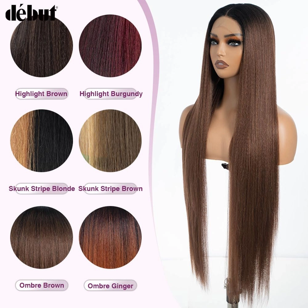 DÉBUT Light Yaki Super Long Straight Hair Lace Front Ombre Brown Wigs 36 Inches Middle Part 13x4x0.5 Natural Hairline with Baby Hair Synthetic Wig Dark Roots with Brown for Women