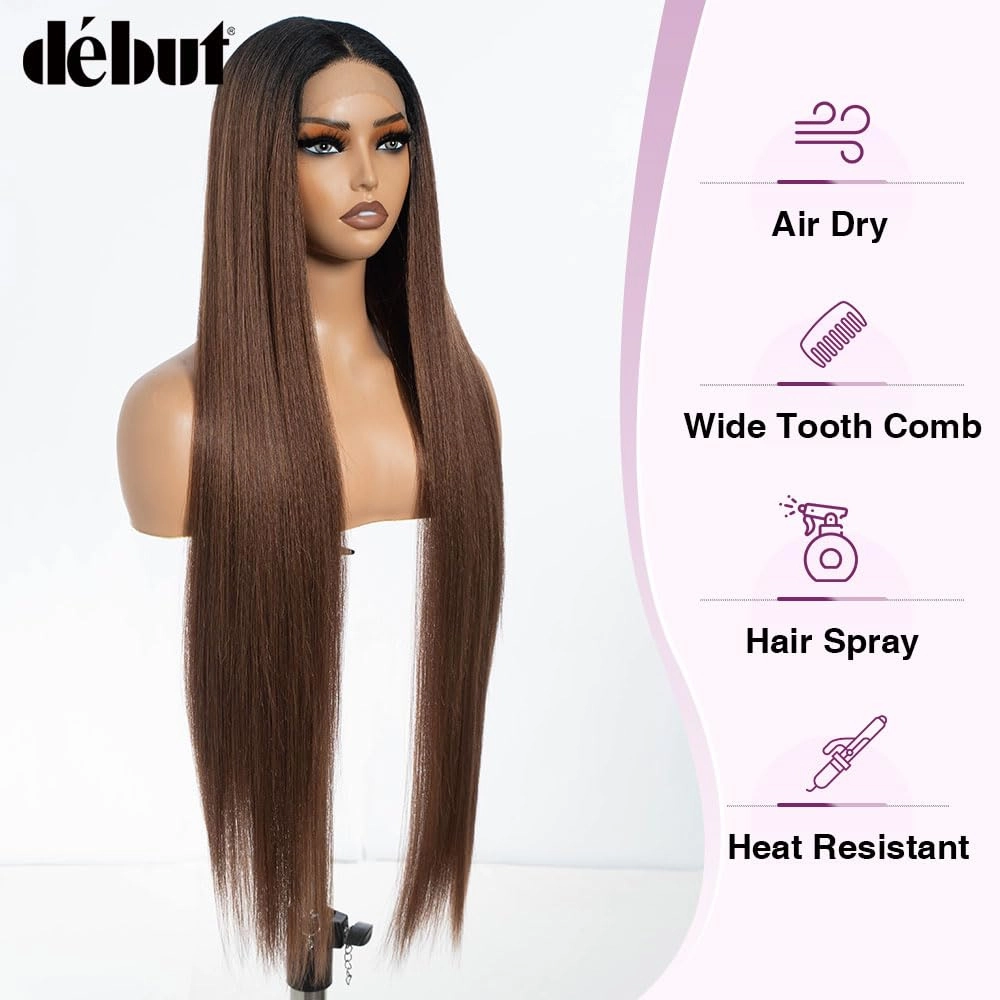 DÉBUT Light Yaki Super Long Straight Hair Lace Front Ombre Brown Wigs 36 Inches Middle Part 13x4x0.5 Natural Hairline with Baby Hair Synthetic Wig Dark Roots with Brown for Women
