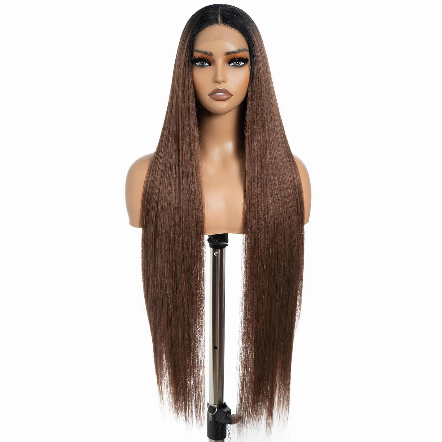 DÉBUT Light Yaki Super Long Straight Hair Lace Front Ombre Brown Wigs 36 Inches Middle Part 13x4x0.5 Natural Hairline with Baby Hair Synthetic Wig Dark Roots with Brown for Women