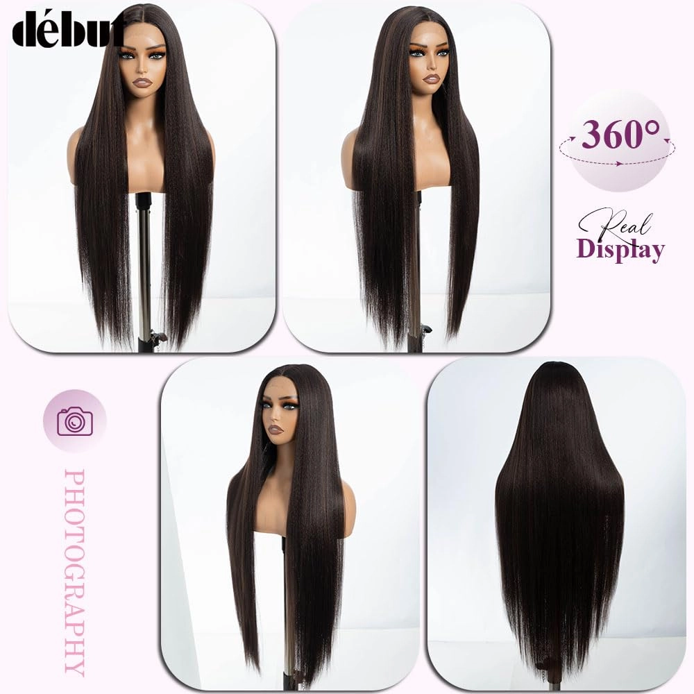 DÉBUT Light Yaki Super Long Straight Hair Lace Front Wigs 36 Inches Middle Part 13x4x0.5 Natural Hairline with Baby Hair Highlight Brown Synthetic Wig for Women