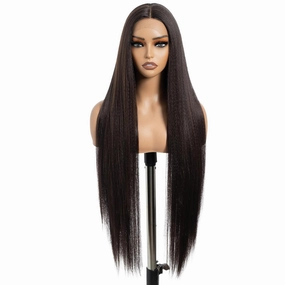 DÉBUT Light Yaki Super Long Straight Hair Lace Front Wigs 36 Inches Middle Part 13x4x0.5 Natural Hairline with Baby Hair Highlight Brown Synthetic Wig for Women