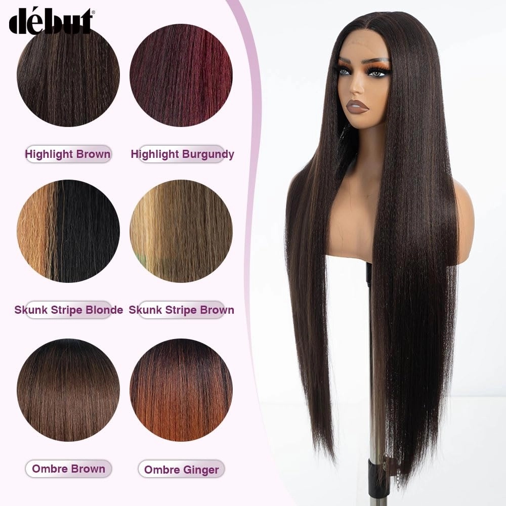 DÉBUT Light Yaki Super Long Straight Hair Lace Front Wigs 36 Inches Middle Part 13x4x0.5 Natural Hairline with Baby Hair Highlight Brown Synthetic Wig for Women