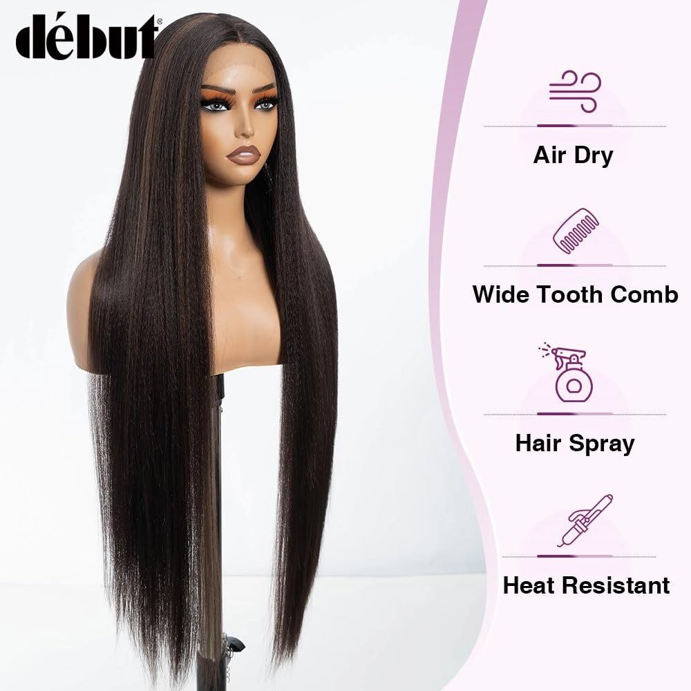 DÉBUT Light Yaki Super Long Straight Hair Lace Front Wigs 36 Inches Middle Part 13x4x0.5 Natural Hairline with Baby Hair Highlight Brown Synthetic Wig for Women