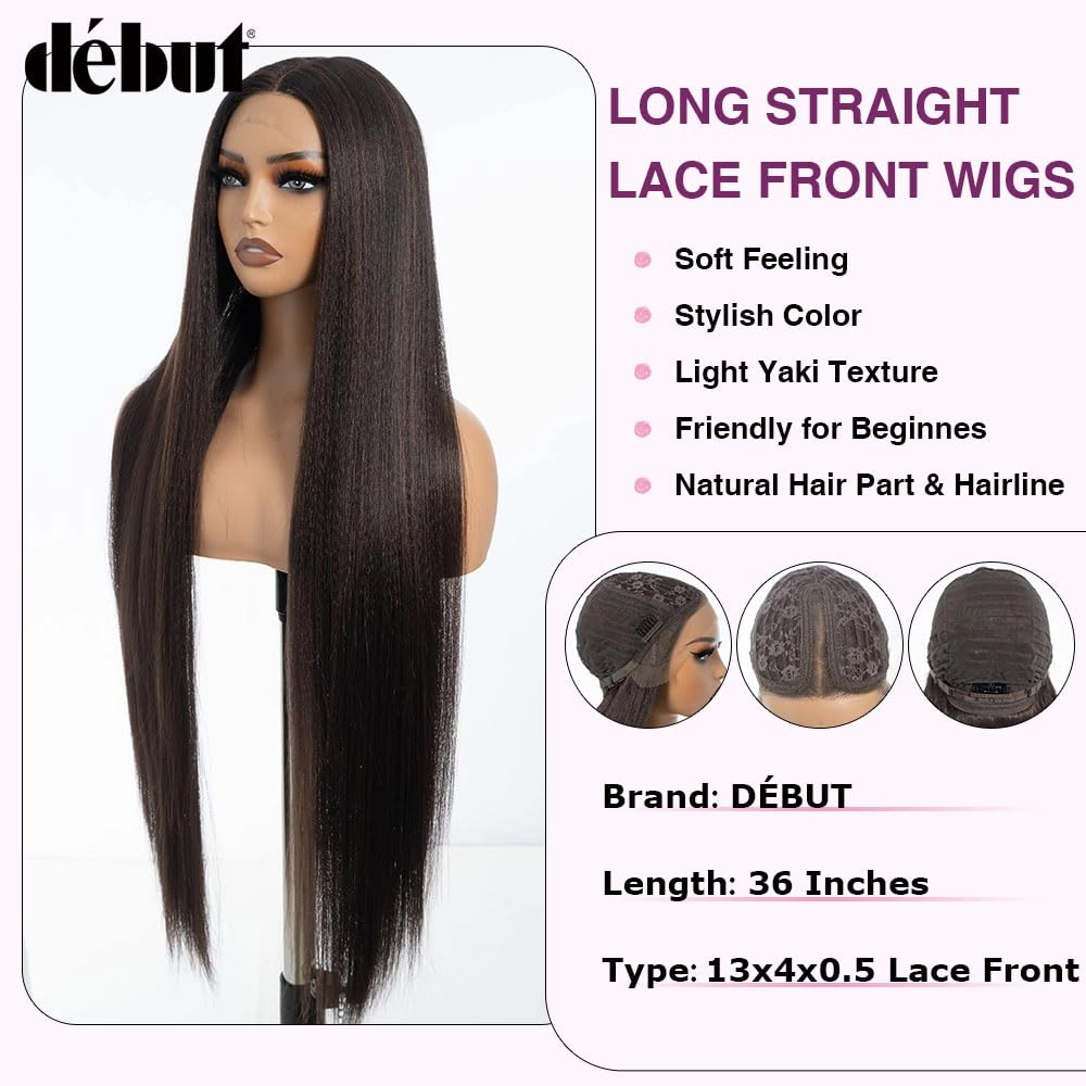 DÉBUT Light Yaki Super Long Straight Hair Lace Front Wigs 36 Inches Middle Part 13x4x0.5 Natural Hairline with Baby Hair Highlight Brown Synthetic Wig for Women
