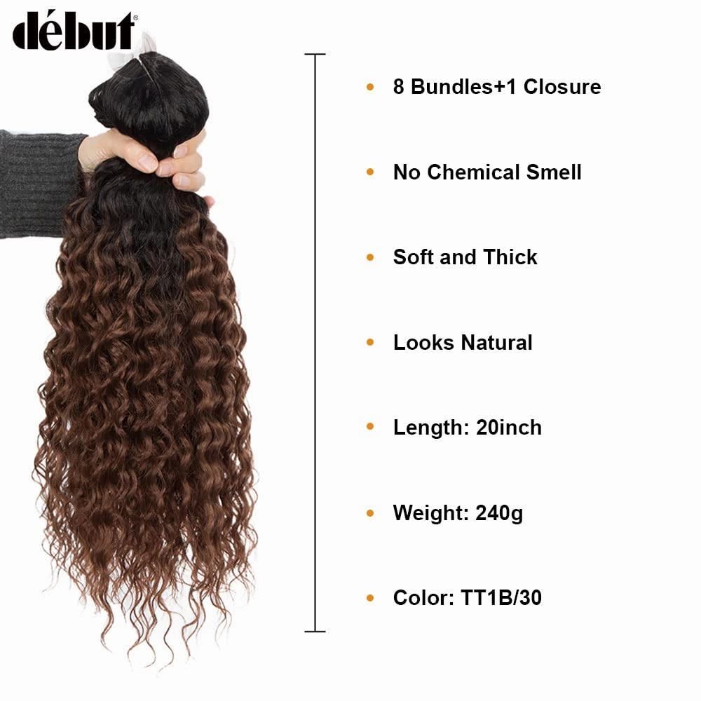DÉBUT Water Wave 8 Bundles with Simple Closure Wavy Synthetic High Temperature Fiber Hair Weave 9PCS 20 Inch 240g (TT1B/30: Dark Roots Mixed Brown Color)