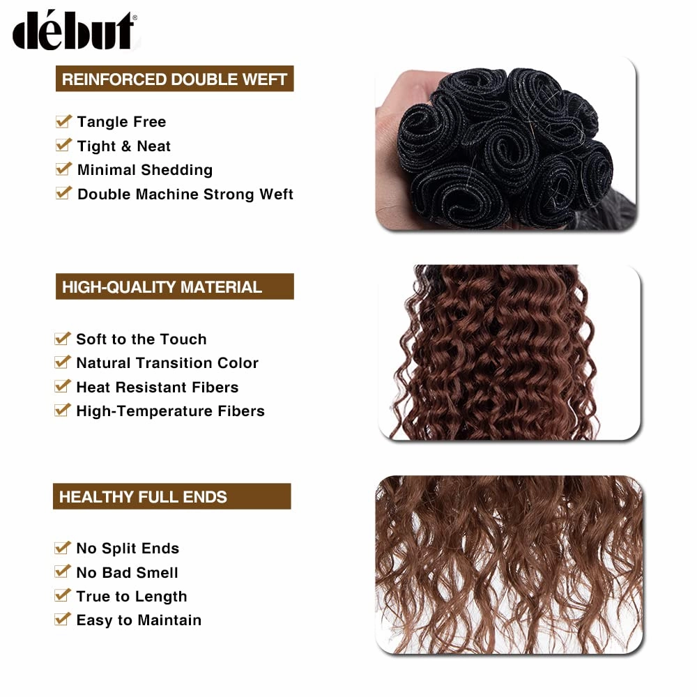 DÉBUT Water Wave 8 Bundles with Simple Closure Wavy Synthetic High Temperature Fiber Hair Weave 9PCS 20 Inch 240g (TT1B/30: Dark Roots Mixed Brown Color)