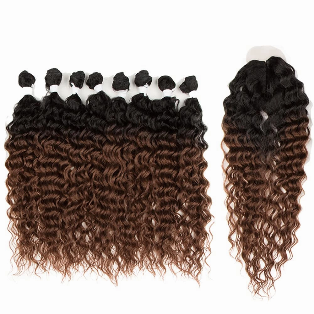 DÉBUT Water Wave 8 Bundles with Simple Closure Wavy Synthetic High Temperature Fiber Hair Weave 9PCS 20 Inch 240g (TT1B/30: Dark Roots Mixed Brown Color)