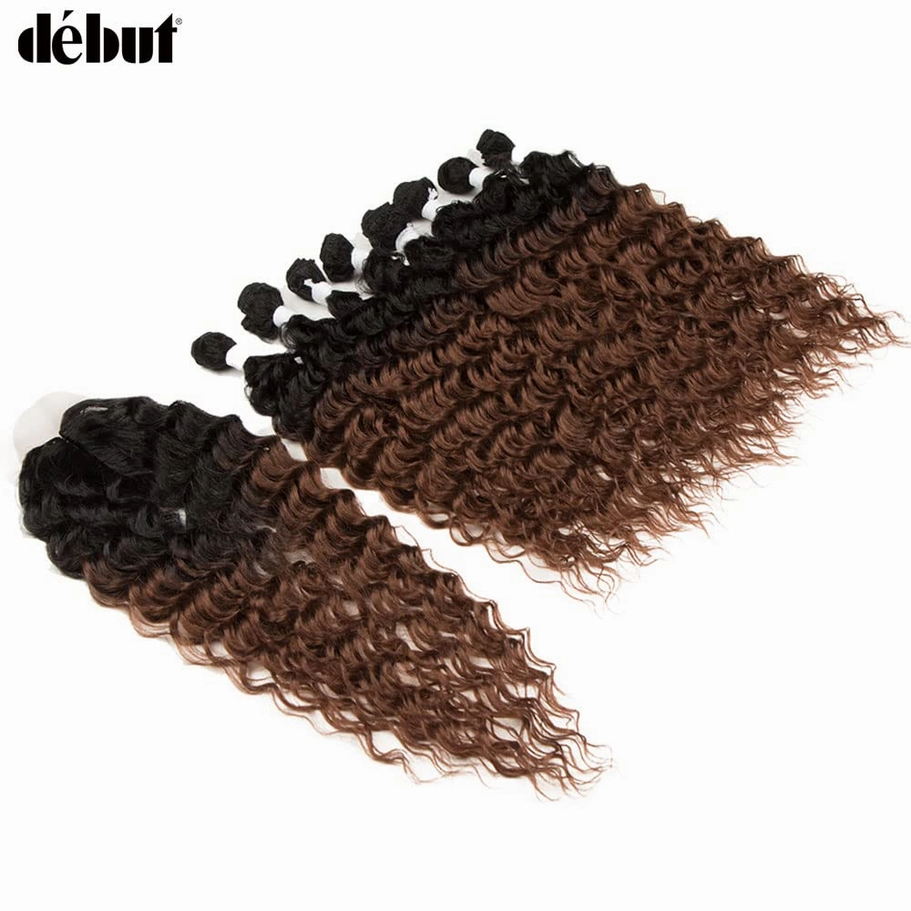 DÉBUT Water Wave 8 Bundles with Simple Closure Wavy Synthetic High Temperature Fiber Hair Weave 9PCS 20 Inch 240g (TT1B/30: Dark Roots Mixed Brown Color)