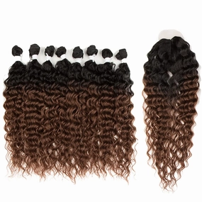 DÉBUT Water Wave 8 Bundles with Simple Closure Wavy Synthetic High Temperature Fiber Hair Weave 9PCS 20 Inch 240g (TT1B/30: Dark Roots Mixed Brown Color)
