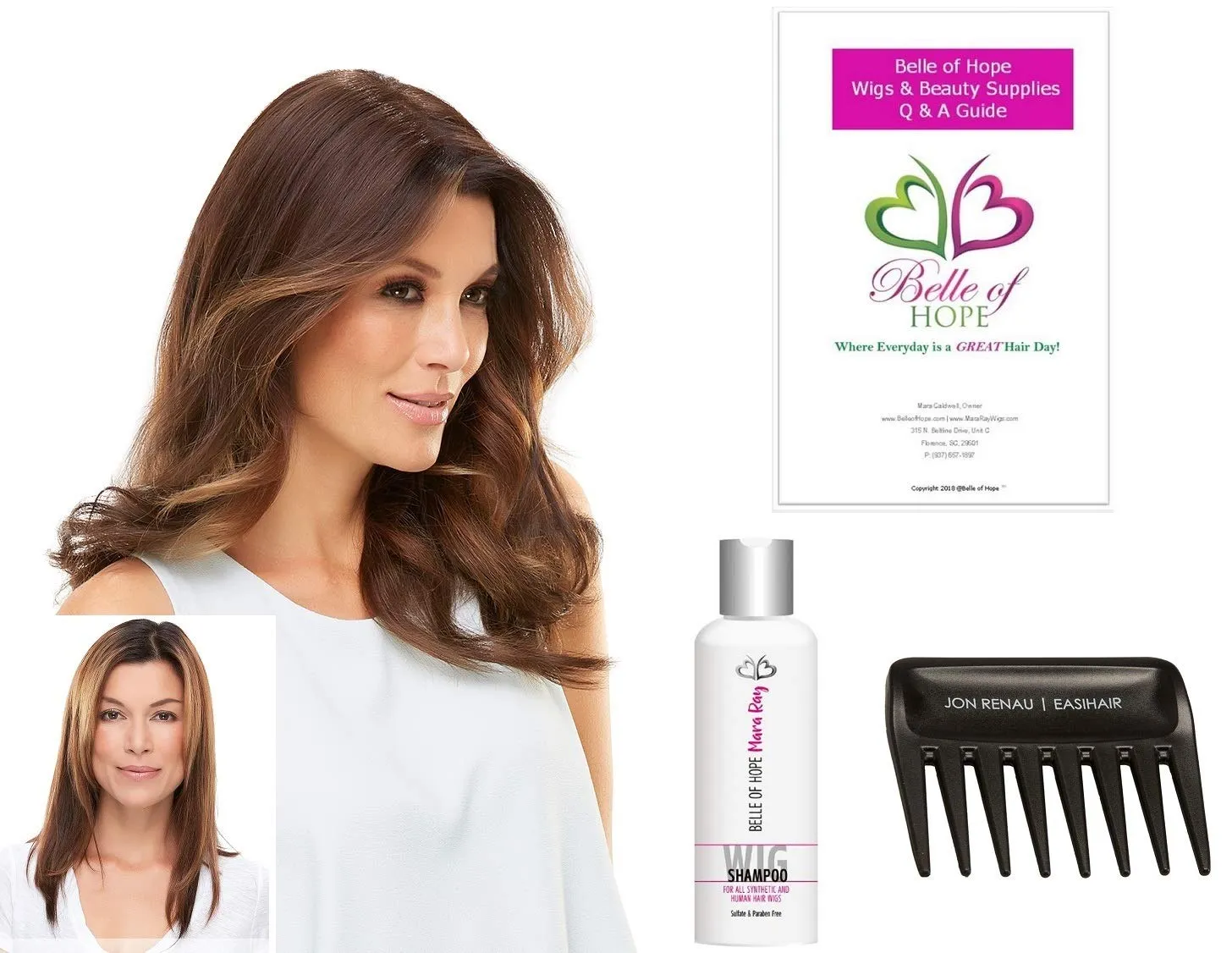 Easipart HD 18" Synthetic Clip-in Topper by Jon Renau, Wide Tooth Comb, Mara Ray 4oz Luxury Shampoo, 19 Page Belle of Hope Wig Care Booklet, Bundle 4pc (14/26S10)