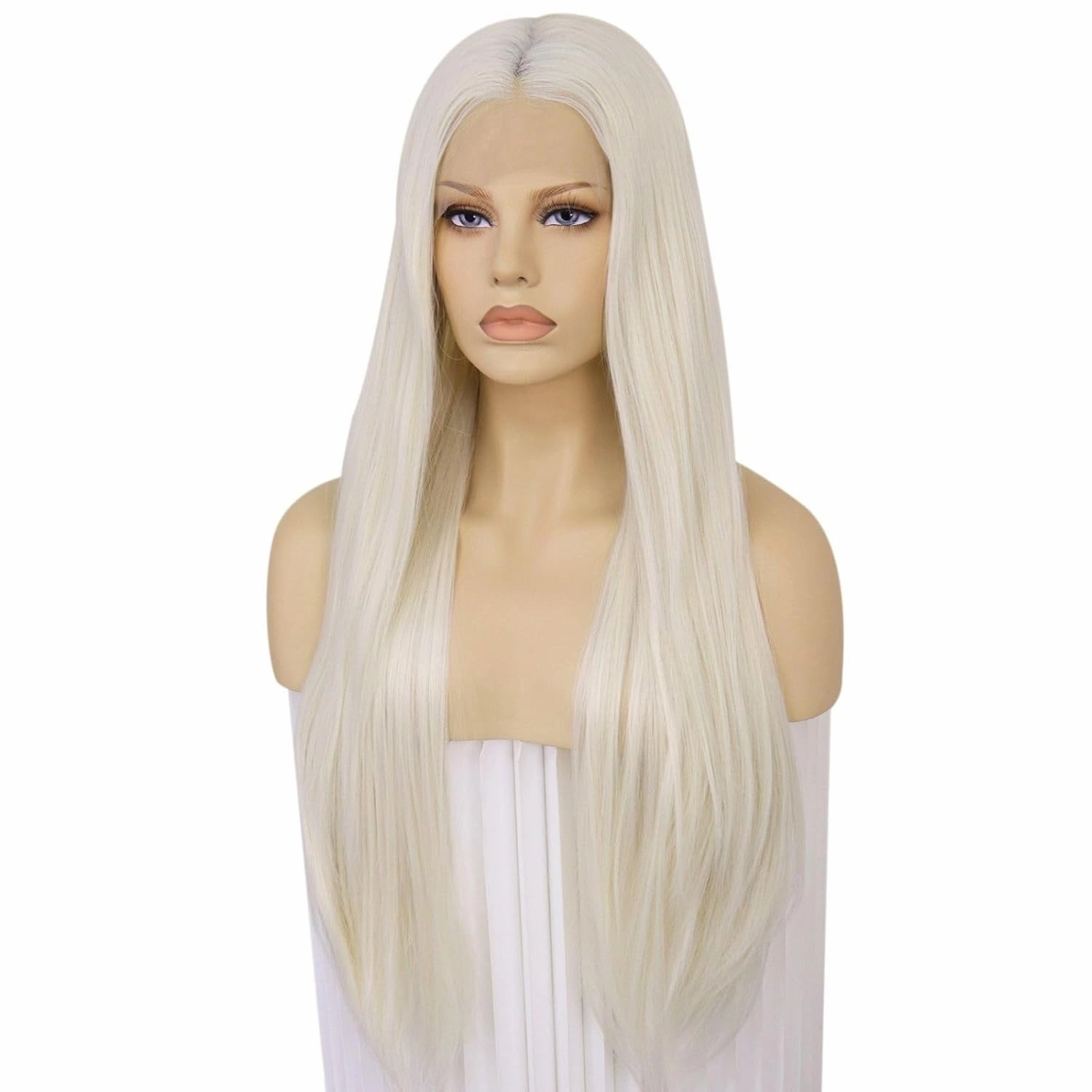 Ebingoo 33 Inch Platinum Blonde Lace Front Wig   Cap - Long Straight Synthetic Wig for Women's Daily Wear - White