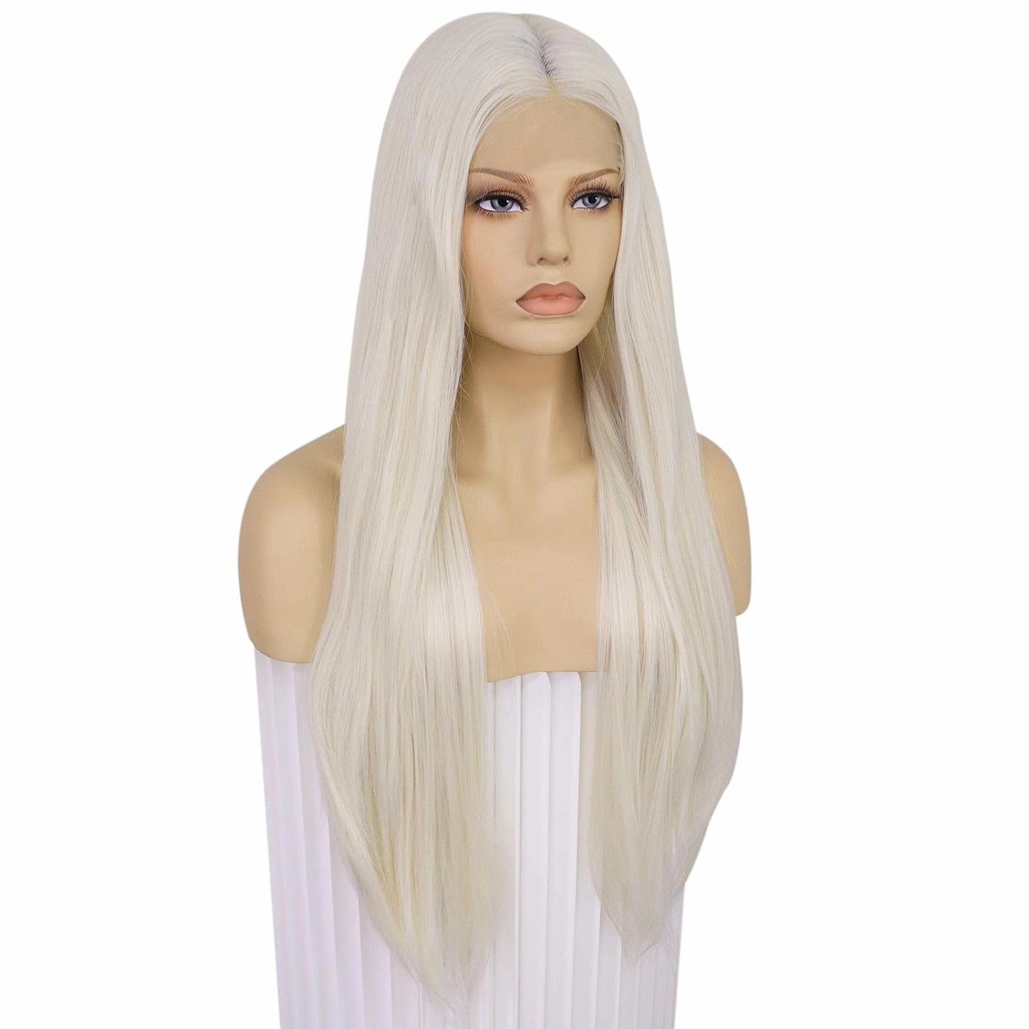 Ebingoo 33 Inch Platinum Blonde Lace Front Wig   Cap - Long Straight Synthetic Wig for Women's Daily Wear - White