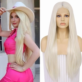 Ebingoo 33 Inch Platinum Blonde Lace Front Wig   Cap - Long Straight Synthetic Wig for Women's Daily Wear - White