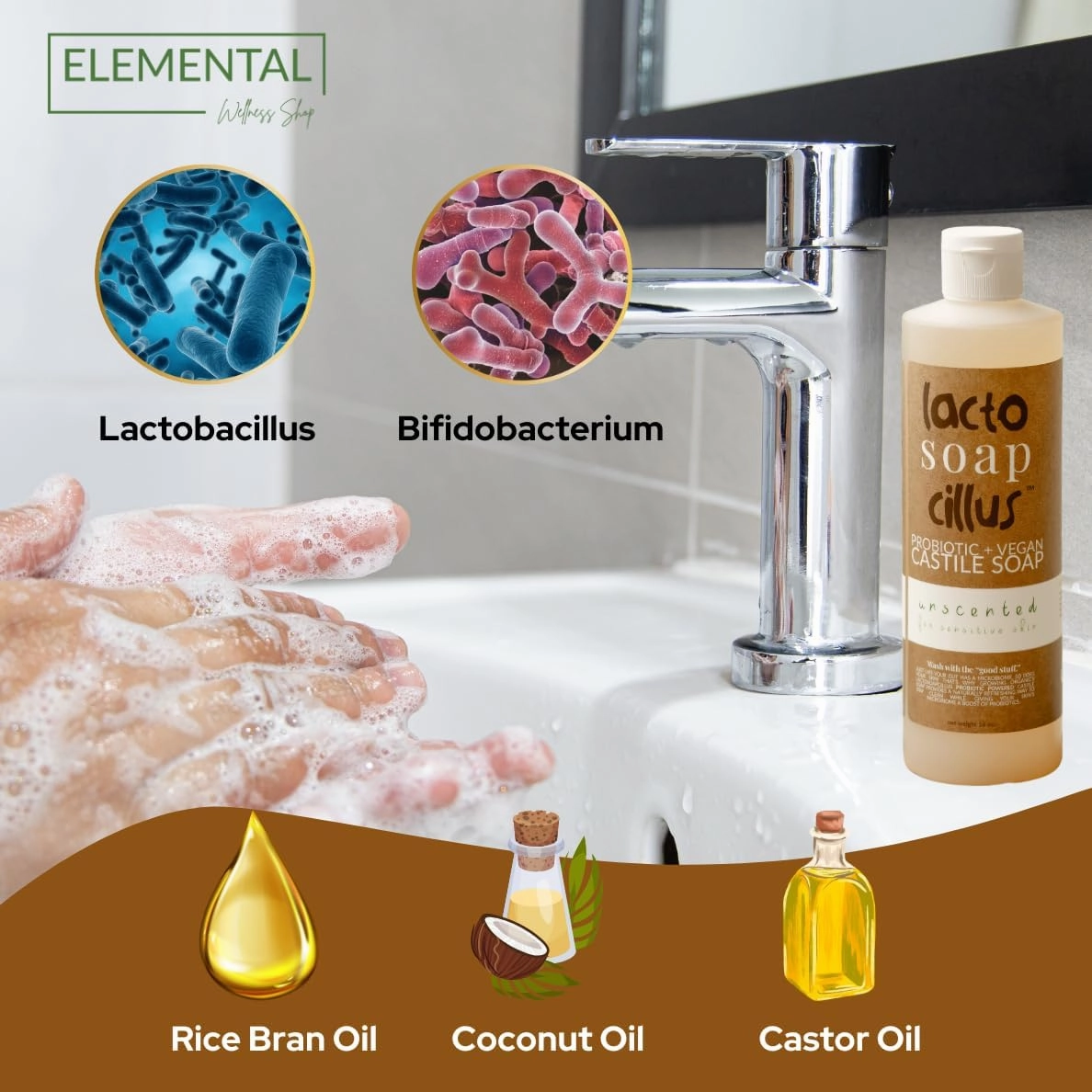 Elemental Wellness, Castile Soap Liquid - Lactosoapcillus, Organic, Probiotic, Vegan, Natural, Unscented Body Wash Scent - Multi-Purpose Liquid Soap, Plant Based Soap - (16 oz)