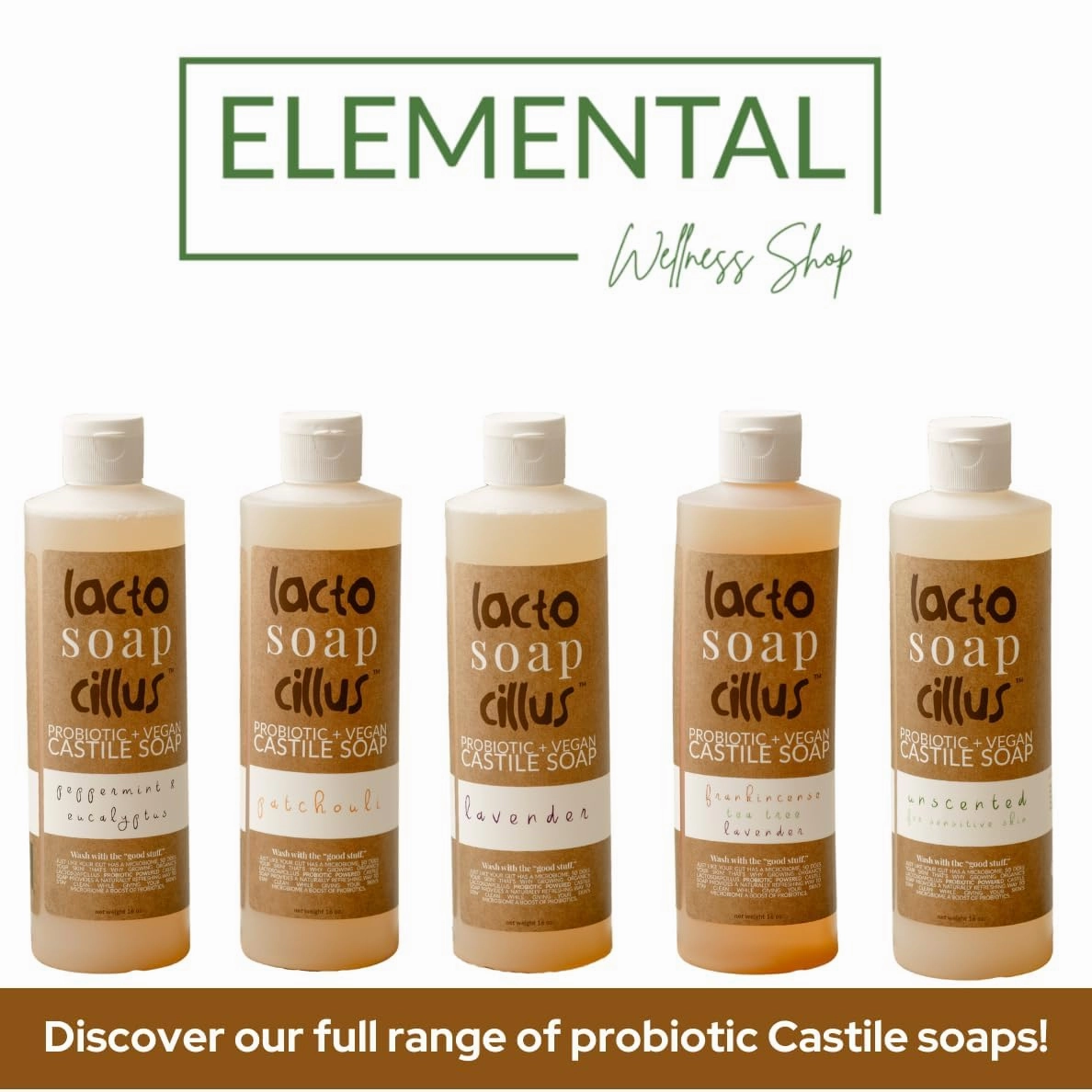 Elemental Wellness, Castile Soap Liquid - Lactosoapcillus, Organic, Probiotic, Vegan, Natural, Unscented Body Wash Scent - Multi-Purpose Liquid Soap, Plant Based Soap - (16 oz)