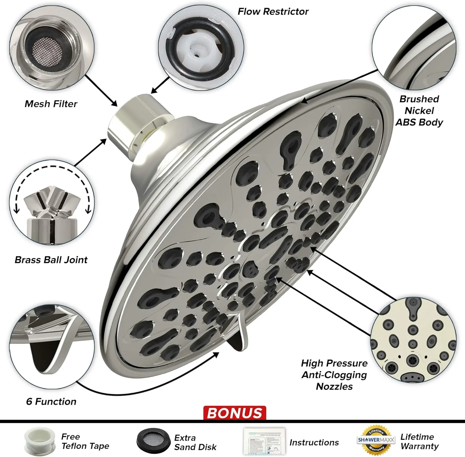 Elite Series: Brushed Nickel Rain Shower Head, 6 Inch 6 Spray Settings Adjustable Rainfall Showerhead with 360 Degree Tilt, Experience MAXX Comfort and Elegance (Brushed Nickel)
