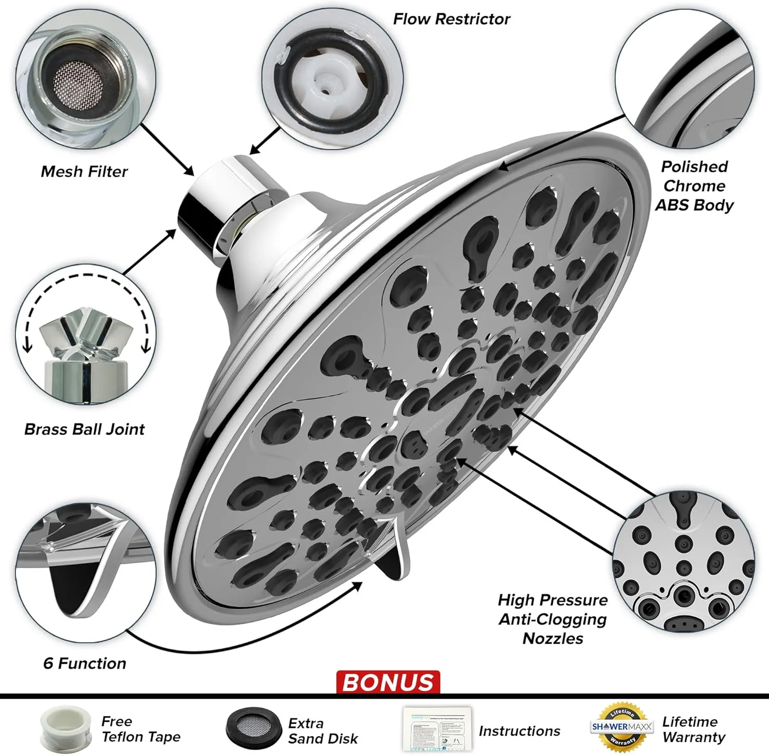 Elite Series: Chrome Rain Shower Head, 6 inch 6 Spray Settings Adjustable High Pressure Rainfall Showerhead with 360 Degree Tilt, Experience MAXX Comfort and Elegance (Chrome Polished)