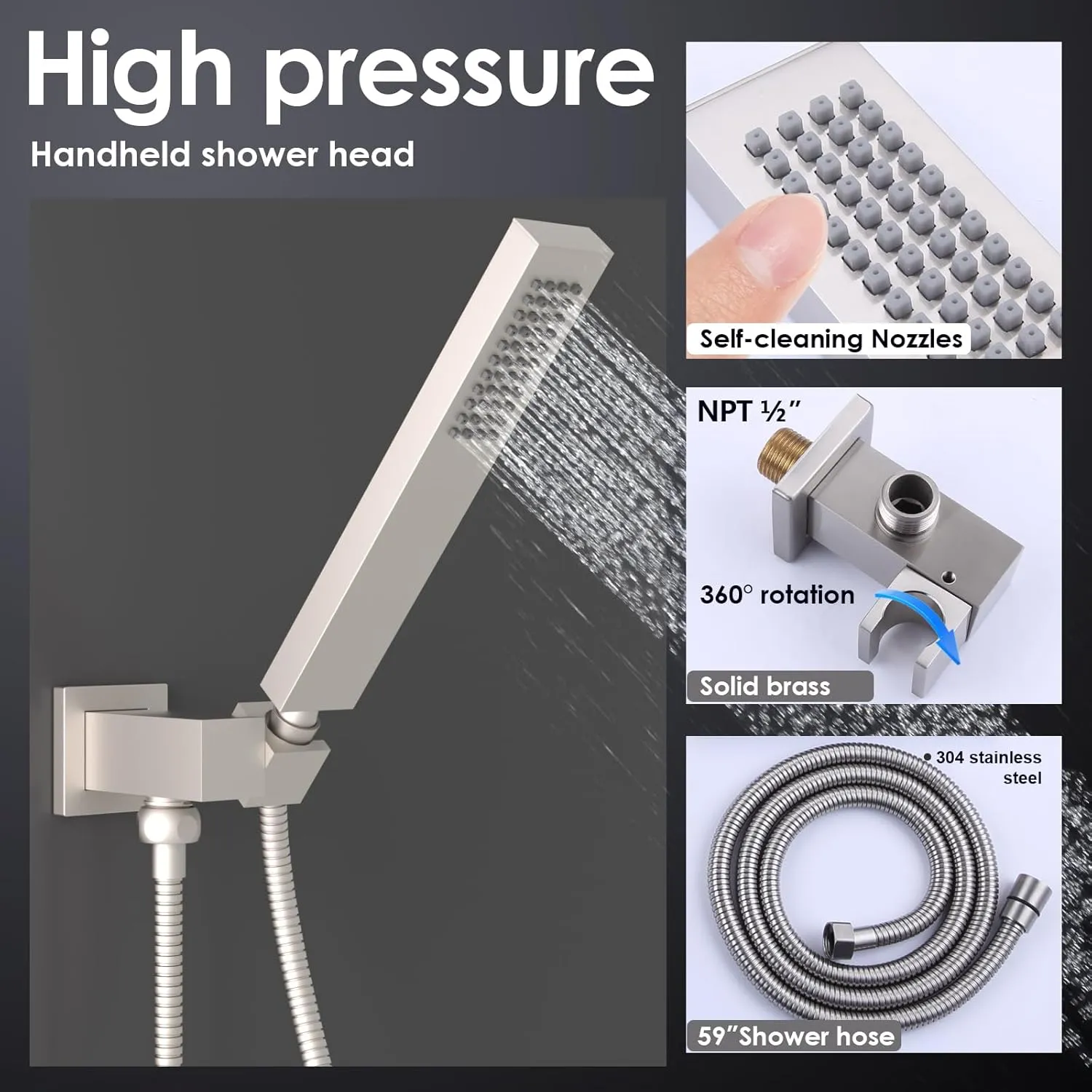 Enga Solid Brass High Pressure Hand Held Shower Wand Square Head with Adjustable Supply Elbow Wall Connector Shower Holder and Hose Set, Brushed Nickel