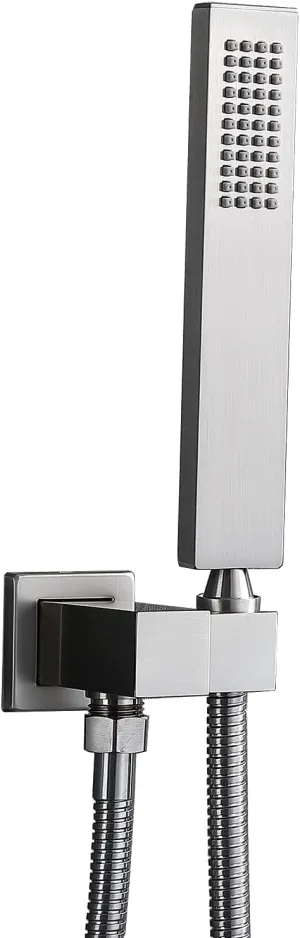 Enga Solid Brass High Pressure Hand Held Shower Wand Square Head with Adjustable Supply Elbow Wall Connector Shower Holder and Hose Set, Brushed Nickel