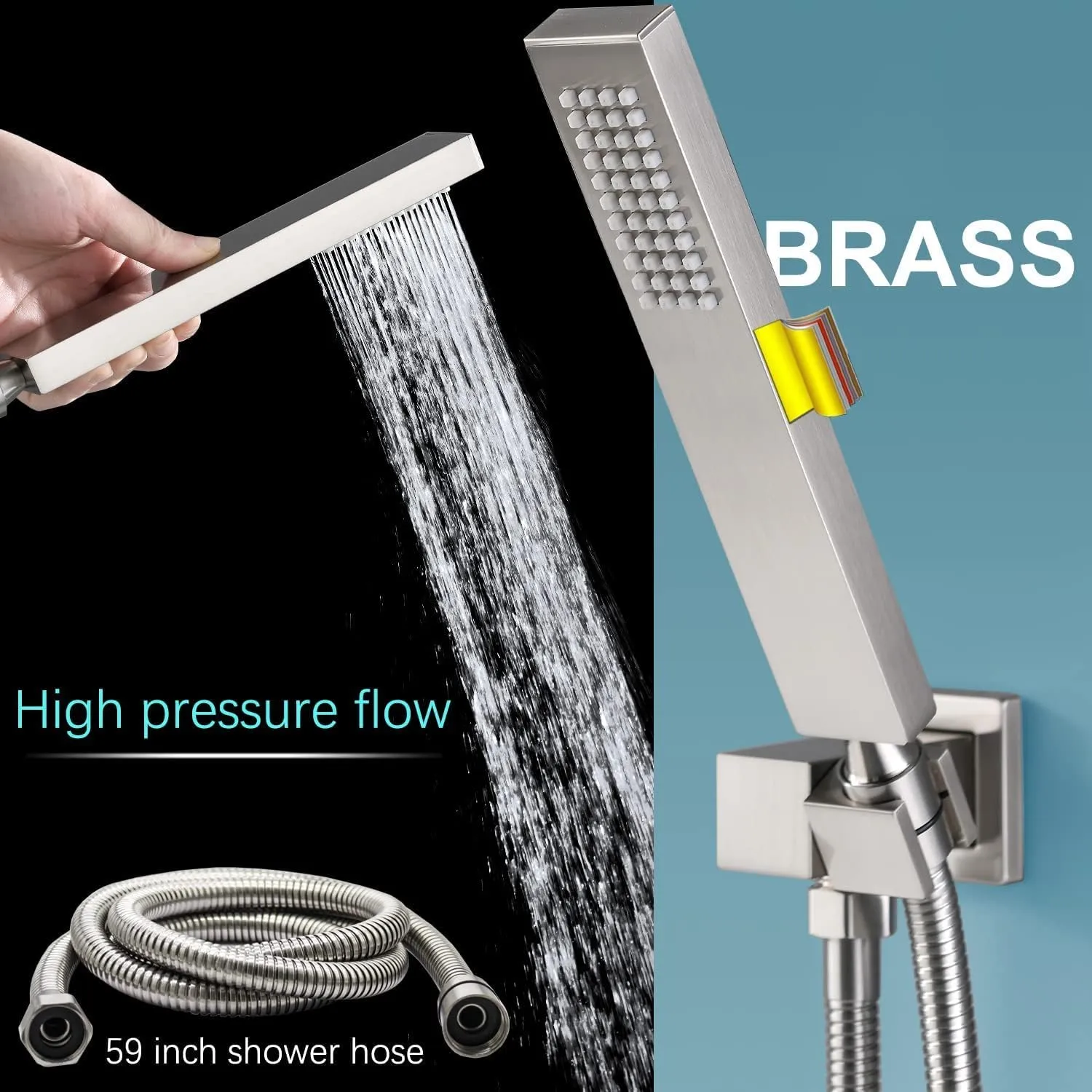 Enga Solid Brass High Pressure Hand Held Shower Wand Square Head with Adjustable Supply Elbow Wall Connector Shower Holder and Hose Set, Brushed Nickel