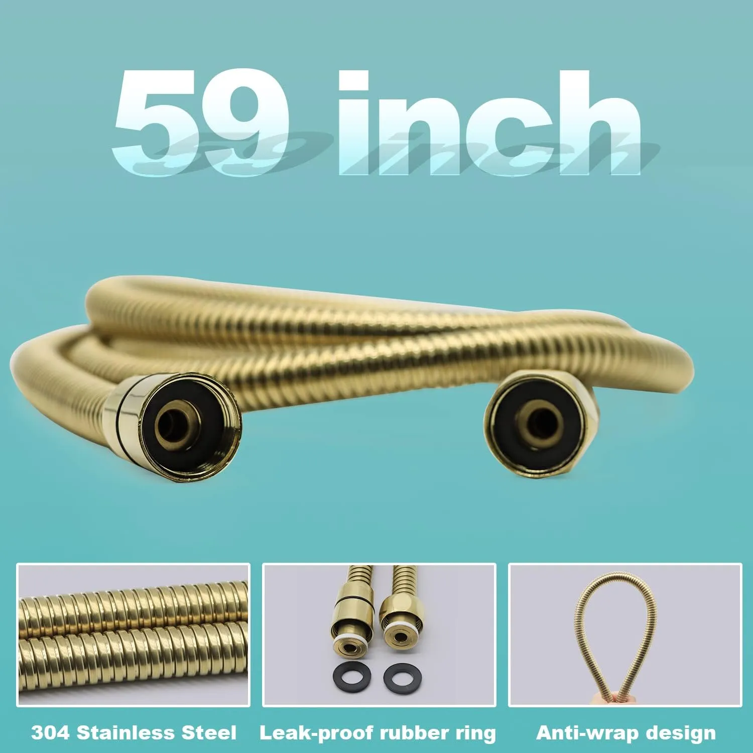 ENGA Square Brushed Gold Solid Brass Hand Held Shower Head With Wall Connector and Hose Wall Mount Handheld Showerheads Set
