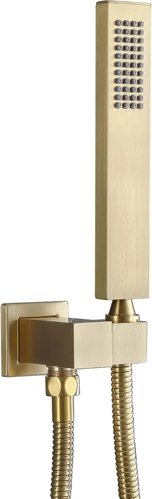 ENGA Square Brushed Gold Solid Brass Hand Held Shower Head With Wall Connector and Hose Wall Mount Handheld Showerheads Set