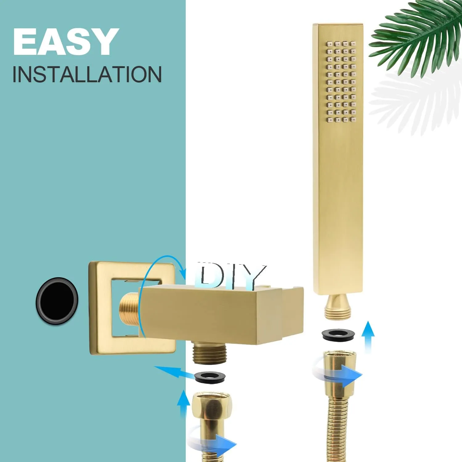 ENGA Square Brushed Gold Solid Brass Hand Held Shower Head With Wall Connector and Hose Wall Mount Handheld Showerheads Set