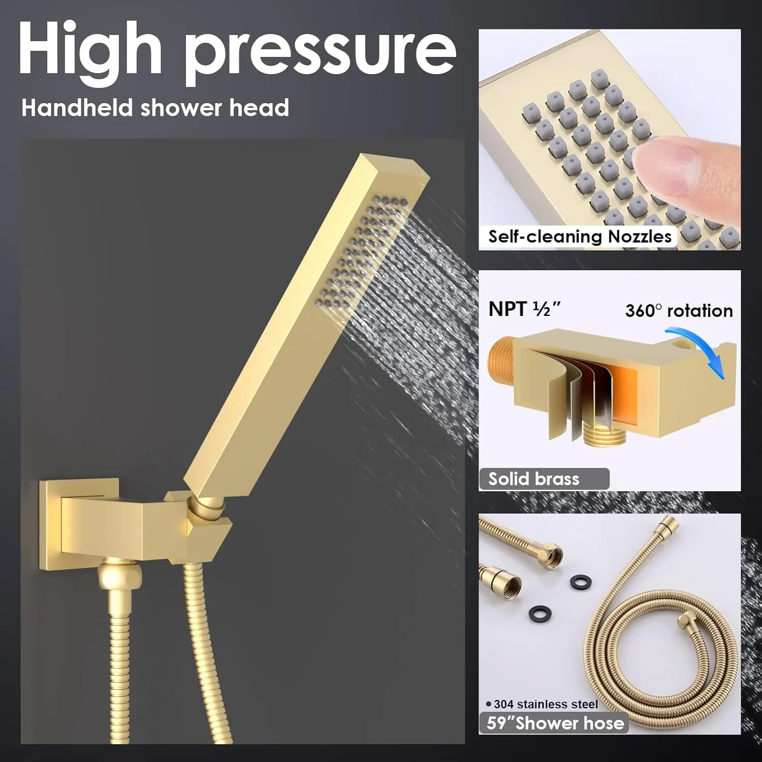 ENGA Square Brushed Gold Solid Brass Hand Held Shower Head With Wall Connector and Hose Wall Mount Handheld Showerheads Set
