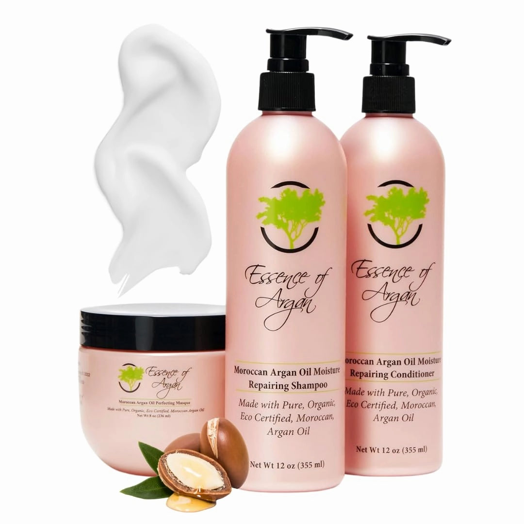 Essence of Argan Renewing Hair Care Products Infused with 100% Pure Moroccan Organic Argan Oil - Volumizes, Nourishes Your Hair - All Hair Types (Shampoo, Conditioner & Mask Set)