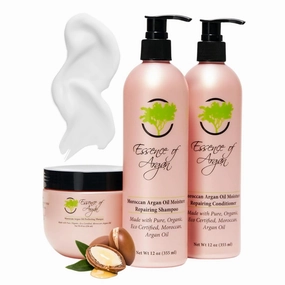 Essence of Argan Renewing Hair Care Products Infused with 100% Pure Moroccan Organic Argan Oil - Volumizes, Nourishes Your Hair - All Hair Types (Shampoo, Conditioner & Mask Set)