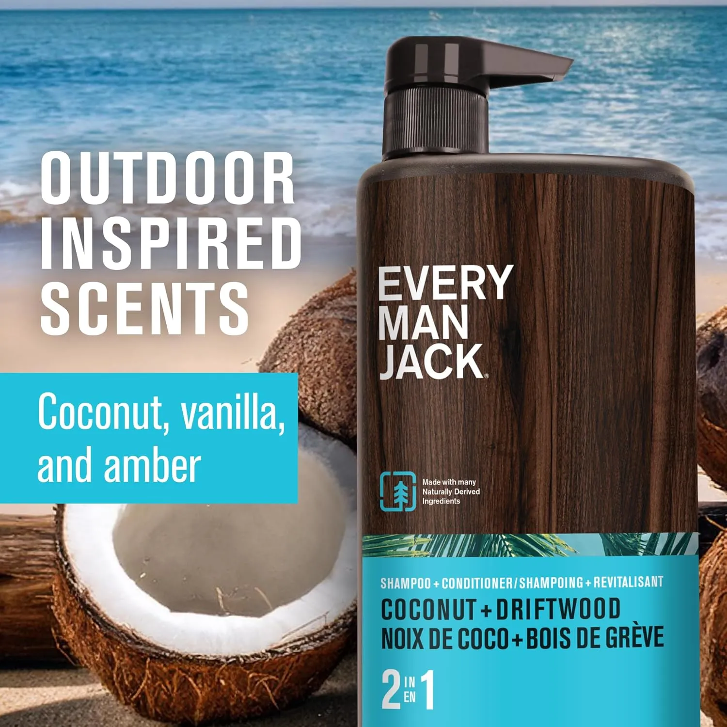 Every Man Jack 2-in-1 Daily Shampoo   Conditioner - Coconut & Driftwood | Nourishing For All Hair Types, Naturally Derived, Cruelty-Free Shampoo and Conditioner Set for Men | 24oz -1 Bottle