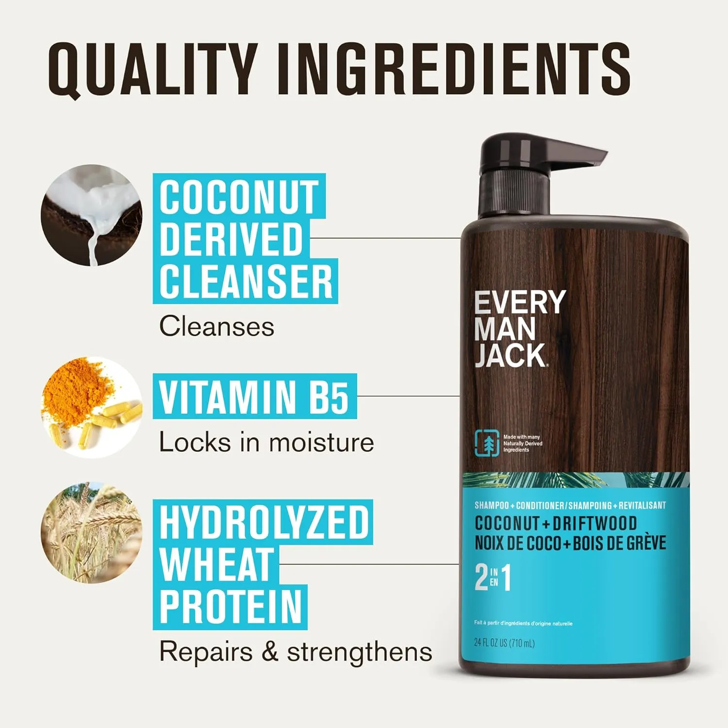 Every Man Jack 2-in-1 Daily Shampoo   Conditioner - Coconut & Driftwood | Nourishing For All Hair Types, Naturally Derived, Cruelty-Free Shampoo and Conditioner Set for Men | 24oz -1 Bottle