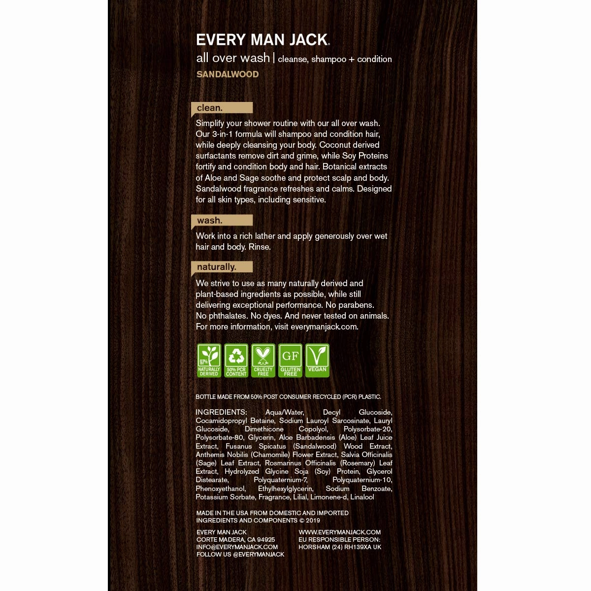 Every Man Jack 3-in-1 All Over Wash, Sandalwood, 32-ounce, brown