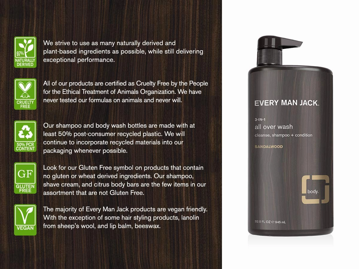 Every Man Jack 3-in-1 All Over Wash, Sandalwood, 32-ounce, brown