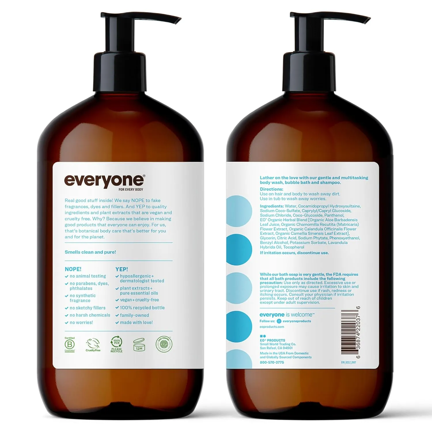 Everyone 3-in-1 Soap, Body Wash, Bubble Bath, Shampoo, 32 Ounce (Pack of 2), Unscented, Coconut Cleanser with Plant Extracts and Pure Essential Oils