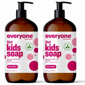 Everyone 3-in-1 Kids Soap, Body Wash, Bubble Bath, Shampoo, 32 Ounce (Pack of 2), Berry Blast, Coconut Cleanser with Plant Extracts and Pure Essential Oils