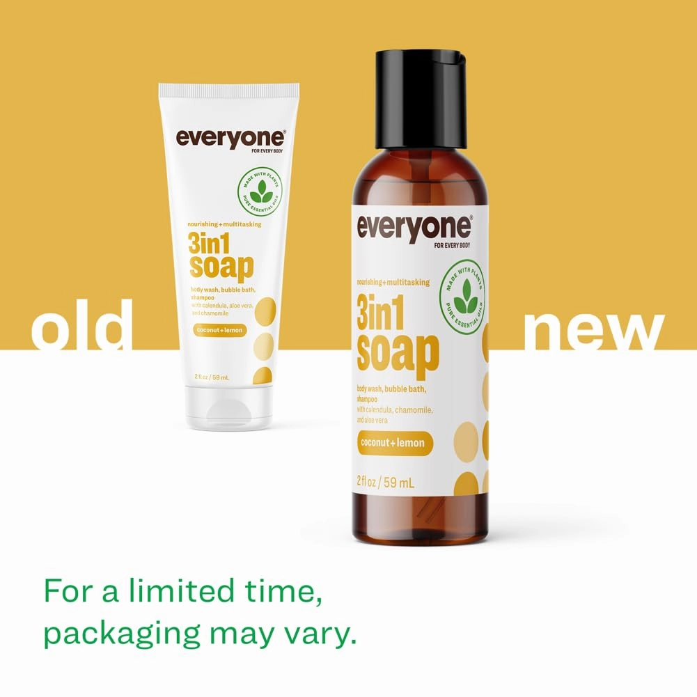 Everyone 3-in-1 Soap Body Wash, Bubble Bath, Shampoo, Travel Size, 2 Ounce (Pack of 12), Coconut and Lemon, Coconut Cleanser with Plant Extracts and Pure Essential Oils