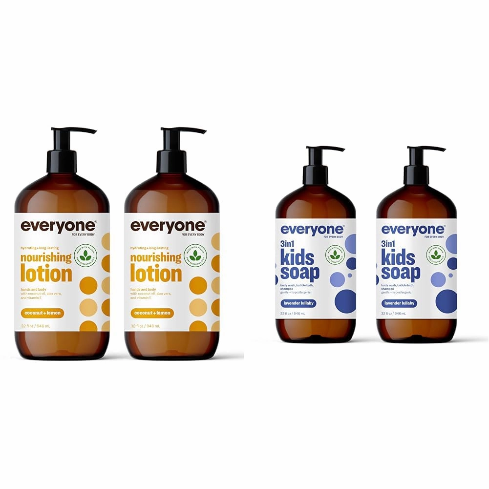 Everyone Hand and Body Lotion (32 Ounce) Coconut Lemon Pack of 2 & Kids Soap, Body Wash, Bubble Bath, Shampoo (32 Ounce) Lavender Lullaby Pack of 2