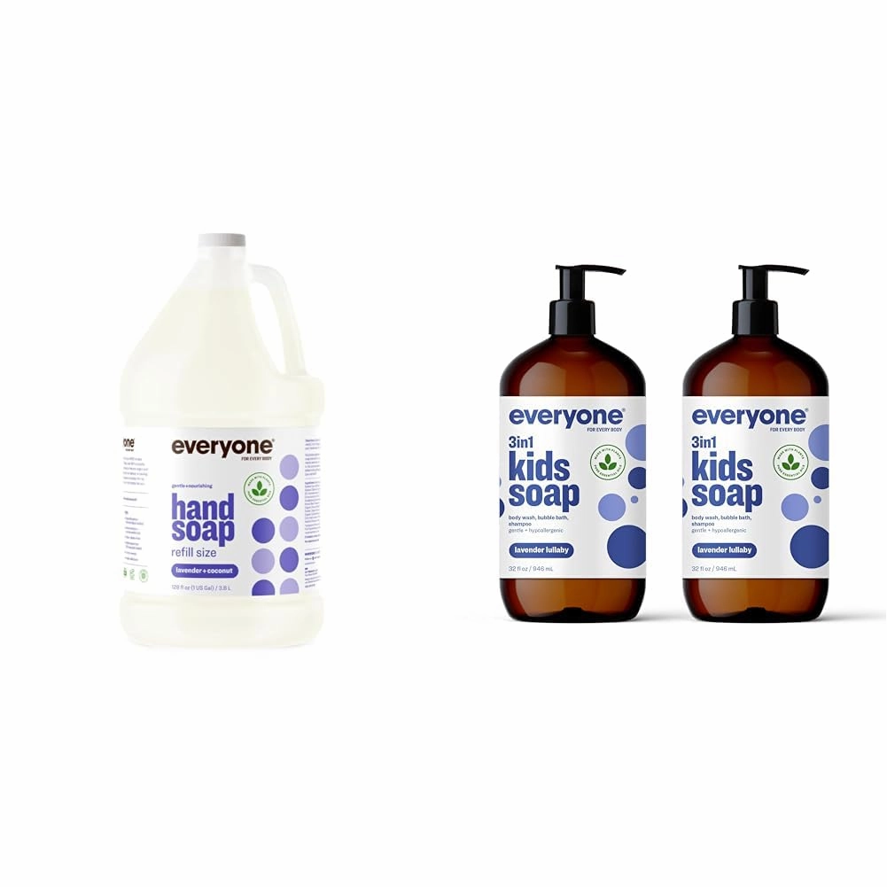 Everyone Liquid Hand Soap Refill, 1 Gallon, Lavender and Coconut & 3-in-1 Kids Soap, Body Wash, Bubble Bath, Shampoo, 32 Ounce (Pack of 2), Lavender Lullaby, Coconut Cleanser