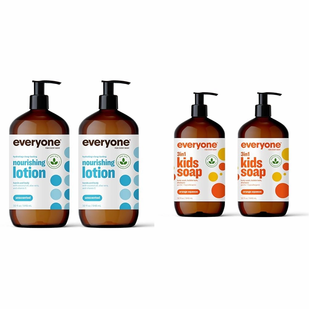 Everyone Nourishing Hand and Body Lotion, 32 Ounce (Pack of 2) & 3-in-1 Kids Soap, Body Wash, Bubble Bath, Shampoo, 32 Ounce (Pack of 2), Orange Squeeze, Coconut Cleanser with Plant Extracts