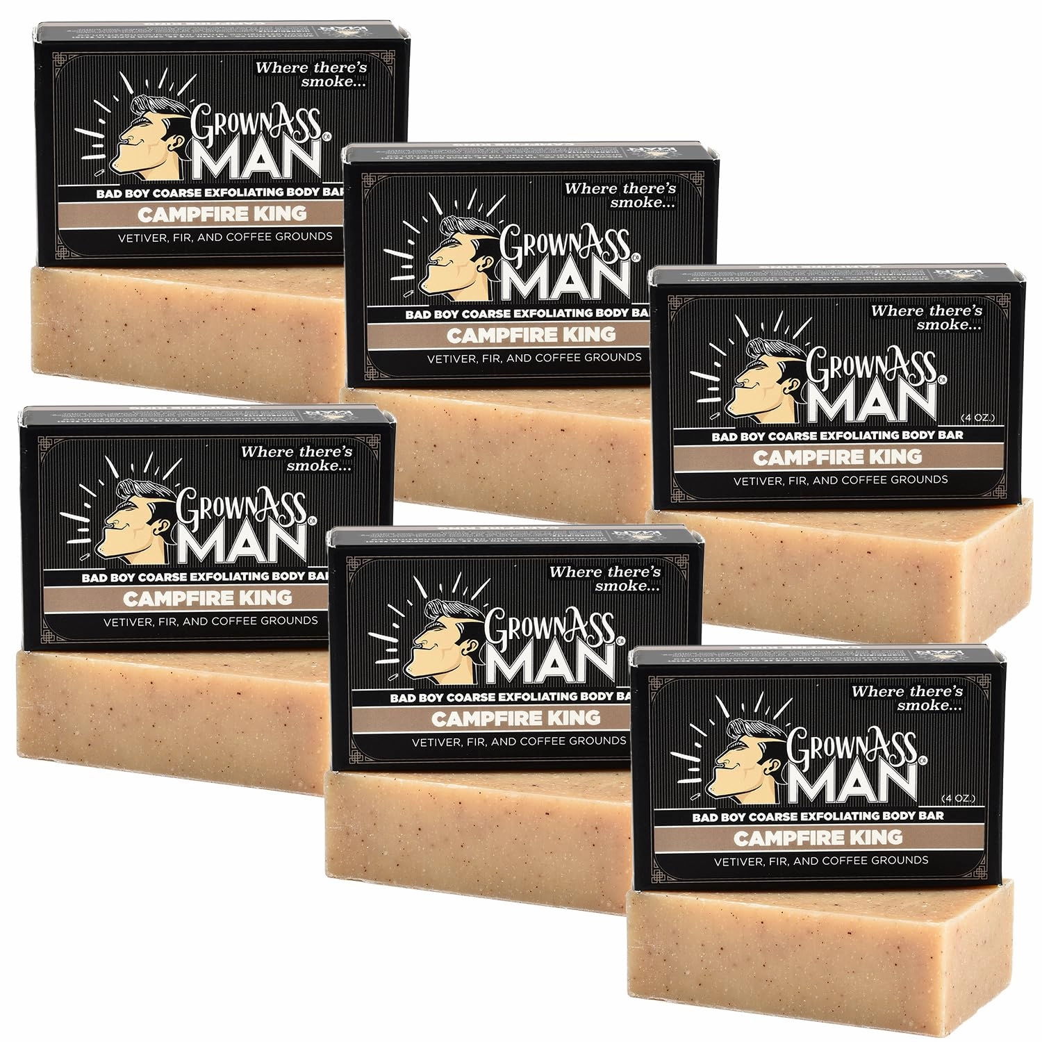 Exfoliating Body Bars - Solid Soap with Natural Oils & Gentle Scrub - Plastic Free & Eco-Friendly, Natural & Organic for All Skin, 4oz Bar - Campfire King - Coarse Exfoliant, 6-Pack