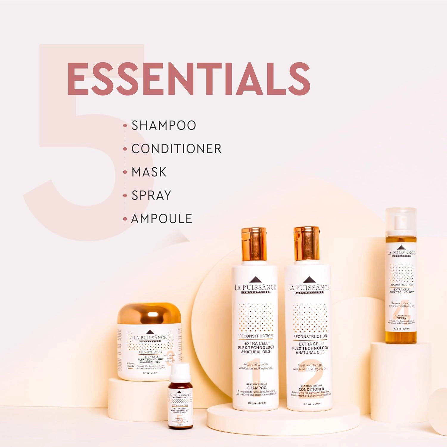 Extra Cell Plex Complete Hair Repair - 5-Step Deep Repair Kit for Severely Damaged Hair - Includes Shampoo, Conditioner, Mask, Spray, Ampoule - For Home and Salone Use