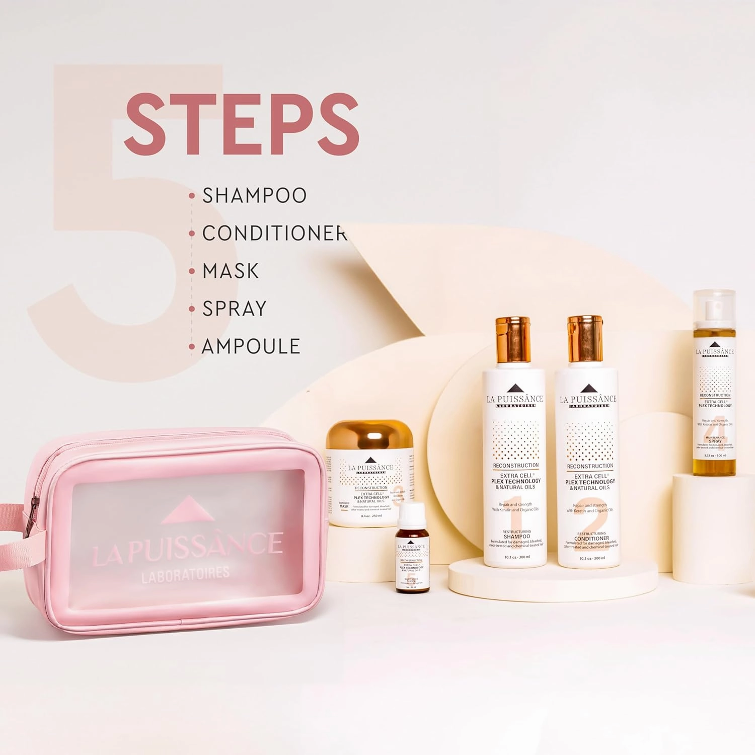 Extra Cell Plex Complete Hair Repair - 5-Step Deep Repair Kit for Severely Damaged Hair - Includes Shampoo, Conditioner, Mask, Spray, Ampoule - For Home and Salone Use