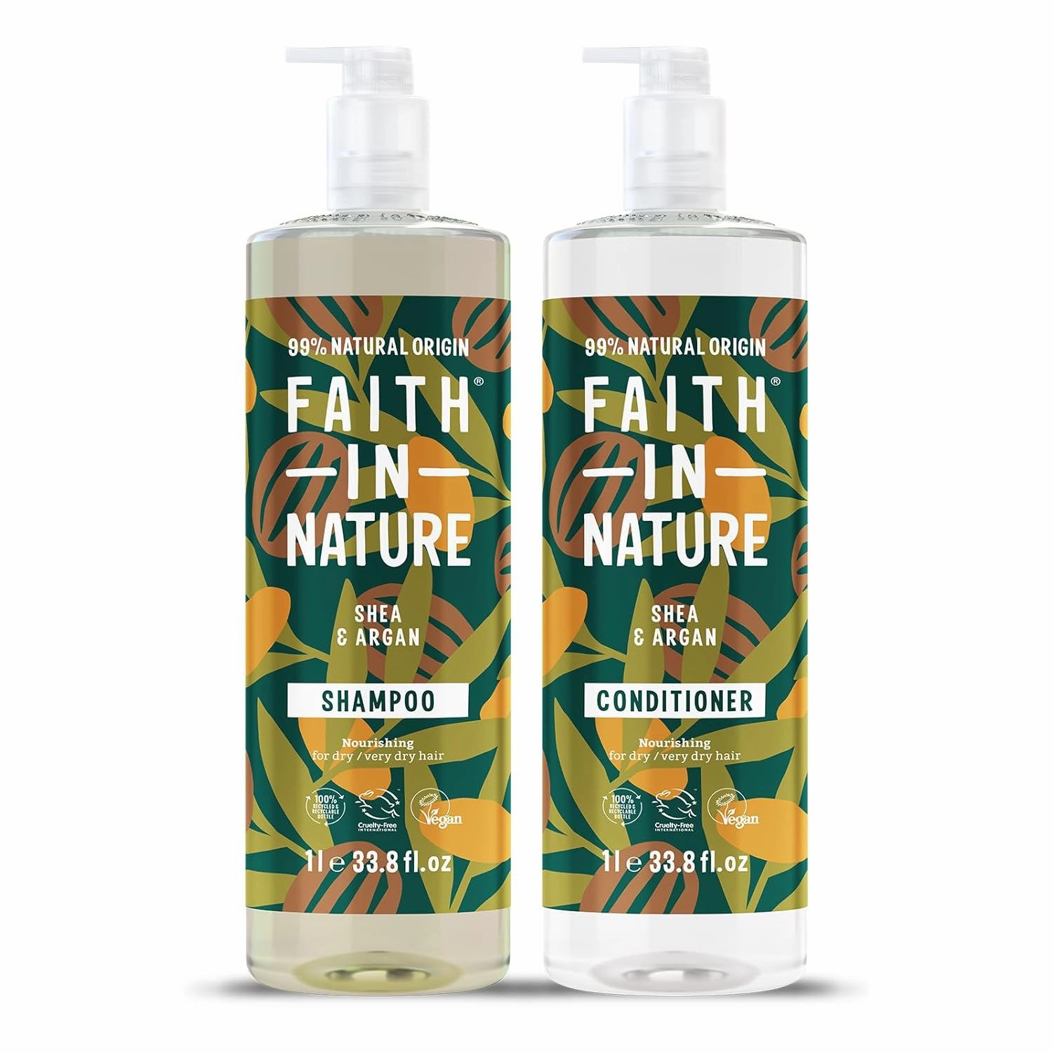 Faith In Nature Natural Shampoo & Conditioner Set - Vegan & Cruelty Free, No SLS or Parabens - 2 x 33.81 fl oz Value Bundle Pack, Shea & Argan