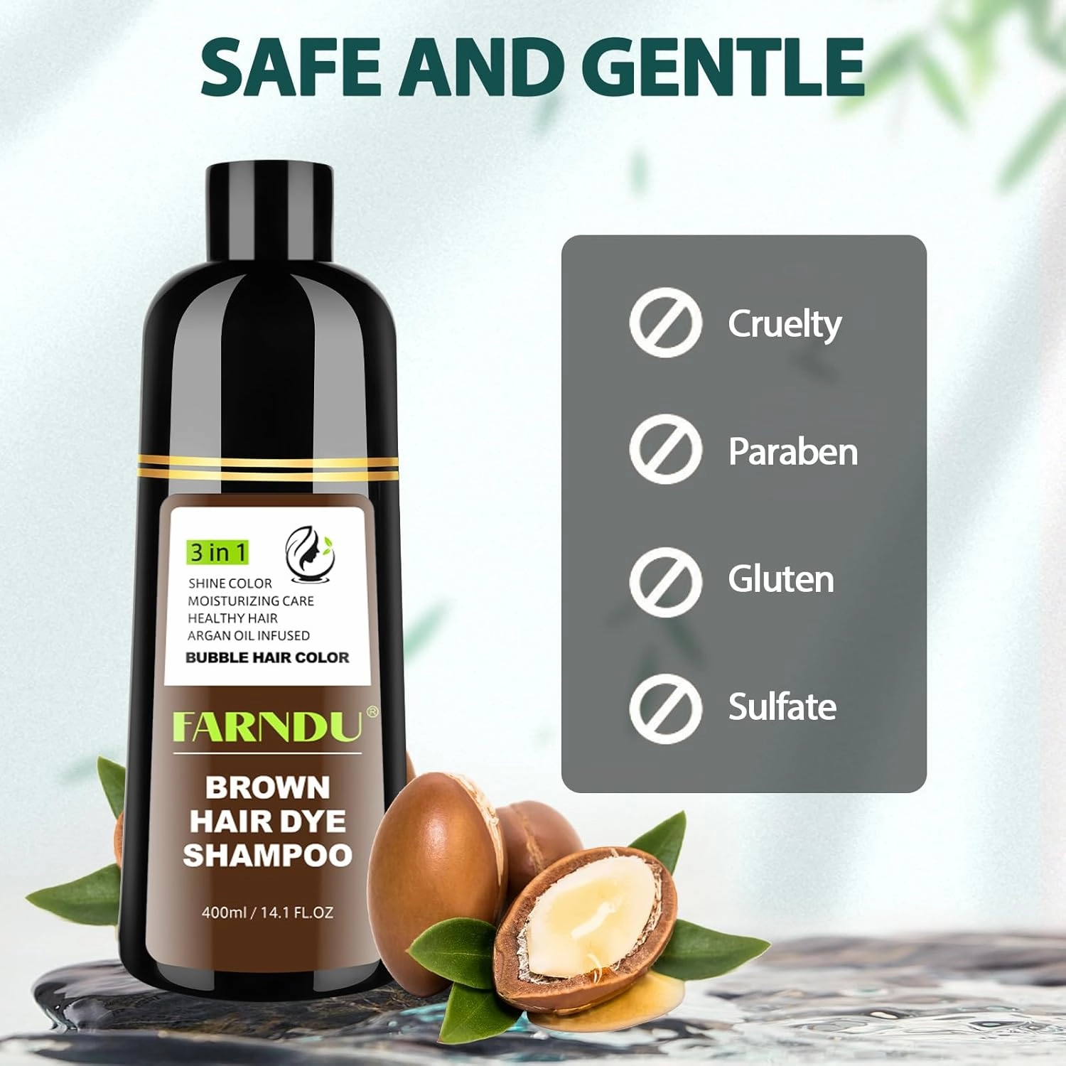FARNDU Chestnut Brown Hair Dye Shampoo 3 in 1 with Argan Oil – 10-15 Min Gray Coverage, Natural Instant Hair Color Shampoo for Women and Men, Long-Lasting Up to 6 Months