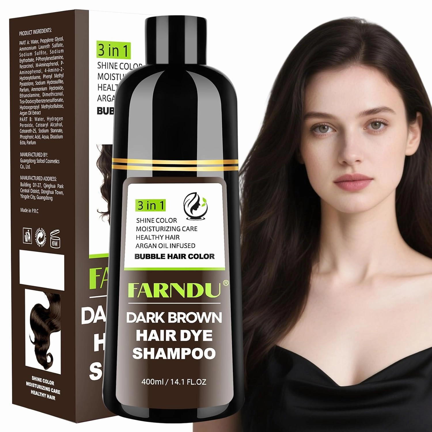 FARNDU Dark Brown Hair Dye Shampoo 3 in 1 with Argan Oil – 10-15 Min Gray Coverage, Natural Instant Hair Color Shampoo for Women and Men, Long-Lasting Up to 6 Months