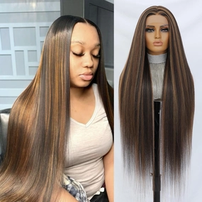 Felek Super Long Highlight T Part Lace Wigs Synthetic 40 Inch Straight 13x4x1 T Lace Front Wigs Heat Resistant Fiber Glueless Pre-Plucked Natural Hairline Lace Wig For Fashion Women/Girls(P4/27/33)